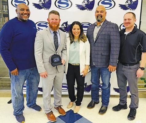 SNOOK ISD RECENTLY NAMED Nolan Lanham as its new athletic director and head football coach. Pictured, from left, are Darren Nobles, secondary principal, Lanham, Dr. Megan Pape, Snook ISD Superintendent, Oscar Kendall, secondary assistant principal, and Tyler Cruzen, elementary principal.