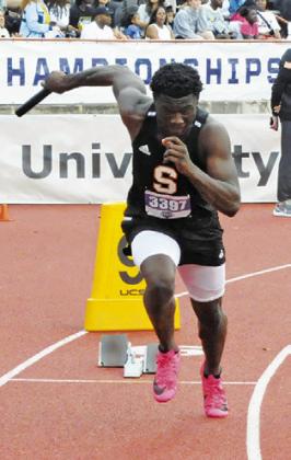 KEITH CRAWFORD runs the first leg of the boys 4x100-meter relay at the UIL Class 2A State Track &amp; Field Meet last Friday.