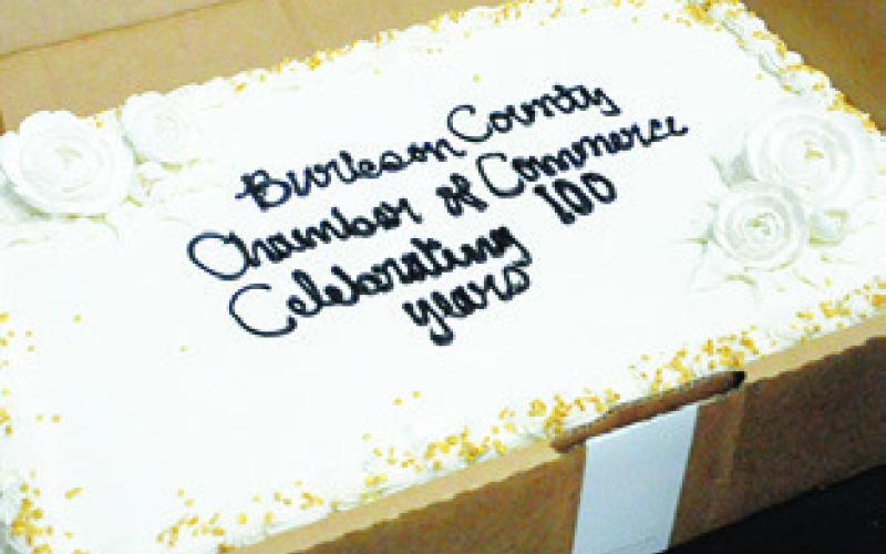 THIS CAKE WAS served during last week’s chamber banquet in celebration of the chamber’s 100th anniversary. Tribune photo by Denise Squier