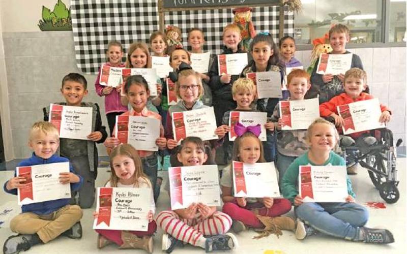 CALDWELL ELEMENTARY’S October Courage Value winners included, third grade, back row, from left, Mackenzie Wilhelm, Jenna Dodson, Jack Clements, Jake Norsworthy, Edna Bahena Bonilla, and Levi Clark; second grade, from left, Cloey Russ, Ayden Triplett, Evolett Cruz Galvan; first grade, from left, Jayden Dimas Escalante, Addison Smith, Rylee Chollett, Rhett Hartman, Korben Wolf, Kash Carter; kindergarten, from left, Ryder Seale, Kynlei Parker, Sofia Lopez, Samantha Burns and Blakely Kemper.