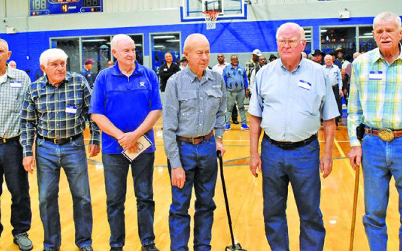 A GATHERING OF Snook players from 1962 state semifinalists are recognized at the Friday game. They include, from left, Joe Adamek, Jimmy Junek, Harry Lewis, Edmund Sebesta, Lyndon Jakubik and Leo Macik. The group helped to established Snook’s tradition.