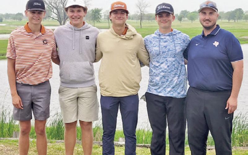 THE CALDWELL BOYS tolf team includes Cobey McCuller, Kaden Fritsche, Caden Schluens, Cooper Schluens and Coach Jacob Schaefer.