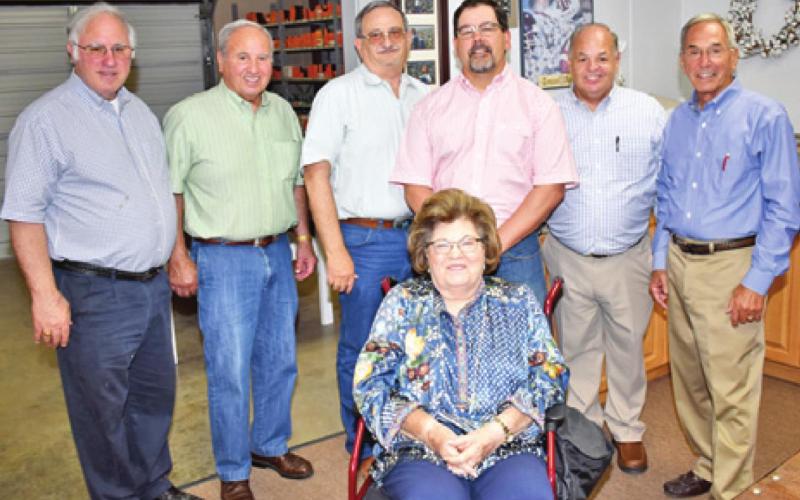 SCARMARDO FAMILY MEMBERS are pictured with Leighton Stovall at the Saturday gathering. They include, from left, Bill Scarmardo, Steve Scarmardo, Mark Carrabba, Stovall, Mike Patranella, Vince Patranella, and, front, Sara Fazzino. -- Tribune photo by Roy Sanders