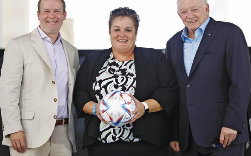 CALDWELL NATIVE MONICA PAUL (center) was instrumental in bringing the FIFA World Cup 2026 to the Dallas area. Paul is pictured with FC Dallas president Dan Hunt (left) and Dallas Cowboys owner Jerry Jones (right). Paul is the current Executive Director for the Dallas Sports Commission.
