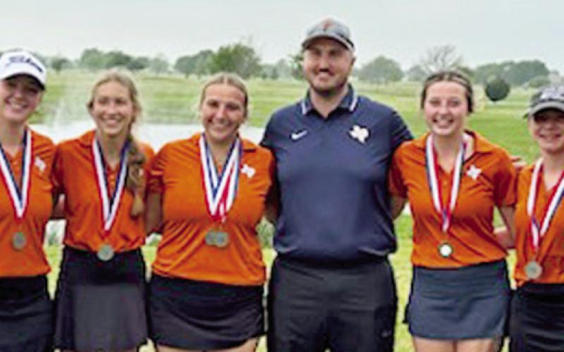 THE CALDWELL GIRLS golf team includes, from left, Patsy Pineda, Alison Krueger, Madilyn Schneider, Tanzley Johnson, Coach Jacob Schaefer, Raeleigh Ussery, Brandy Gillar and Kierstyn Macik.