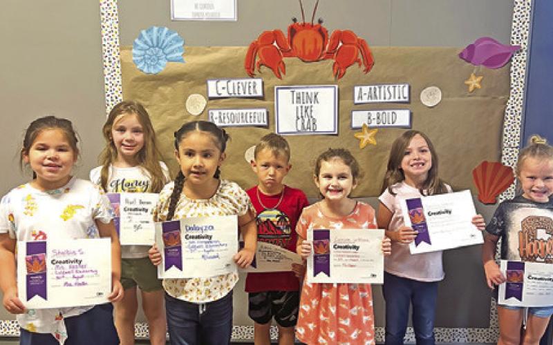 SEVEN KINDERGARTEN STUDENTS at Caldwell Elementary School were recognized with Person of Value for Creativity certificates. Pictured, from left, are Shelbie Sanchez, Pearl Beran, Dalyza Zuniga, Case Yetter, Corrine Leblanc, Pandora Carrico and Kylee Johnson.
