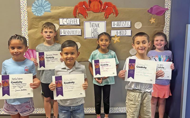 SEVEN FIRST-GRADE students at Caldwell Elementary School were recognized with Person of Value for Creativity certificates. Pictured, from left, are Kamila Pedroza, Jameson Johnson, Rocky Banuelos, Briana Retana, Thackery Jones and Lily Wells. Not pictured is Cadence Jackson.