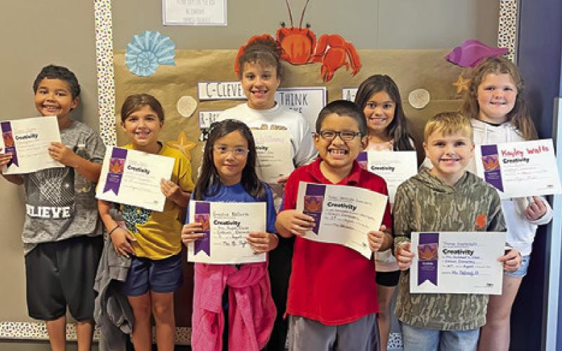 EIGHT THIRD-GRADE students at Caldwell Elementary School were recognized with Person of Value for Creativity certificates. Pictured, from left, are Chester Jackson, Kyleigh Agee, Ernestine Nollora, Chloe Williams, Rafael Hernandez Guerrero, Luna Miranda , Thomas Duesterhoft and Kayley Watts.