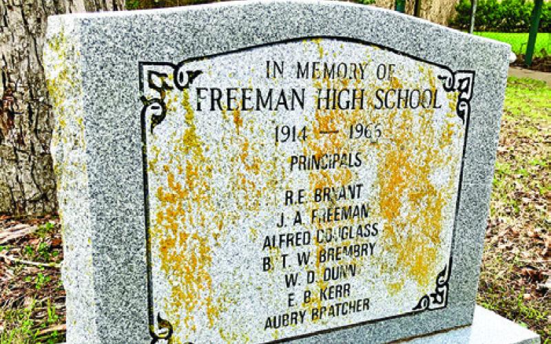 A MEMORIAL STONE MARKS the site of Freeman High School and honors its former principals. Tribune photo by Sabine Lazo
