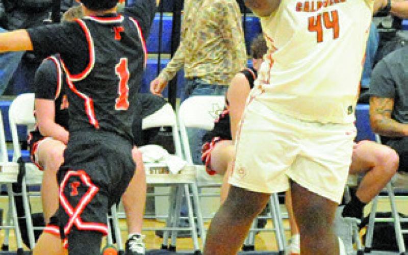 KAYDEN ROBERTSON takes a shot against Smithville. The Hornets won 68-25. Tribune photo by Denise Squier