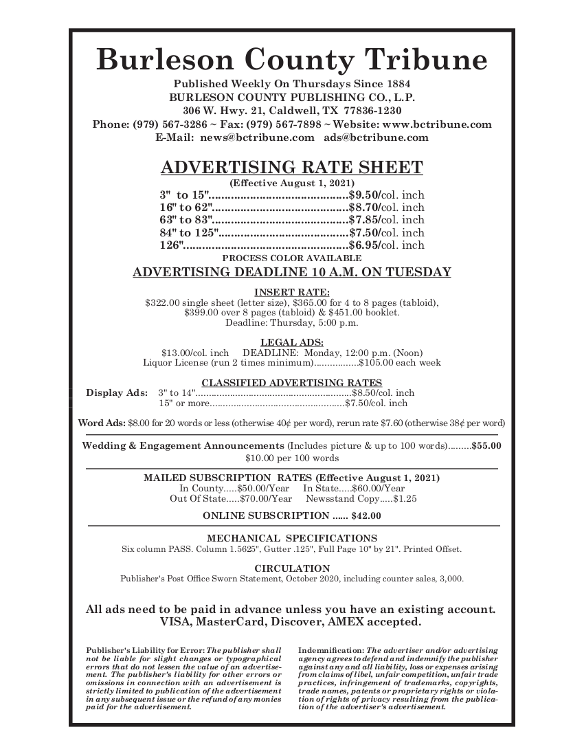 Rate Sheet