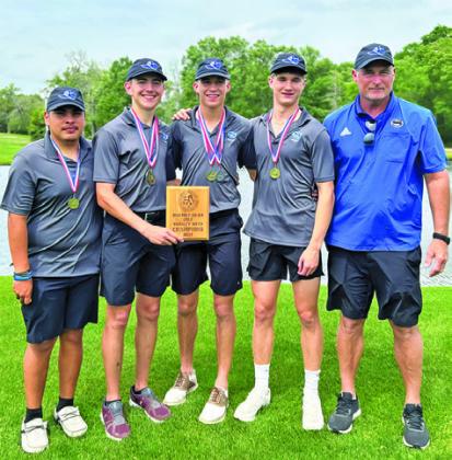 SNOOK GOLF TEAM members include, from left, Jacob Castaneda, J. Beaux Hruska, Brett Withem, Silas Hetland and Head Coach John Conway. The Bluejays won their third straight golf title.