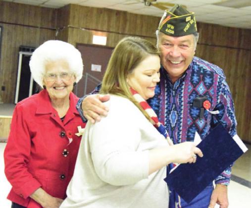 KAREN RHODES WAS HONORED by the Caldwell VFW Post No. 4458 as the K-5 Teacher of the Year. She was also recognized at the District level, which was a surprise for her at the local awards dinner last Thursday in Caldwell. -- Tribune photo by Denise Hornaday