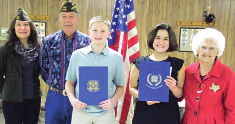 CALDWELL VFW POST NO. 4458 held its annual Voice of Democracy/Patriots Pen awards dinner and program last Thursday. Pictured, from left, are Tina Smith and Tommy Miles from the Caldwell VFW Post No. 4458; Corbin Stewart, fourth place Patriots Pen; Sabine Lazo, first place, Voice of Democracy; and LaNette Boyd, VFW Post No. 4458 Auxiliary. -- Tribune photo by Denise Hornaday