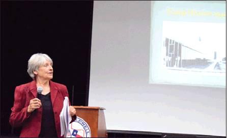 MELISSA FREEMAN, PROGRAM DIRECTOR at Camp Hearne, spoke at the Caldwell Civic Center Monday night, Nov. 11, about the history of Camp Hearne during WWII. -- Tribune photo by Denise Hornaday