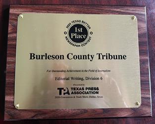TRIBUNE MANAGING Editor Denise Squier won first place in Division 6 in the 2025 Texas Press Association’s “Better Newspaper Contest” for Editorial Writing.