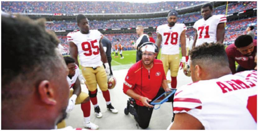 KRIS KOCUREK TALKS to his defensive linemen. The 49ers defeated Green Bay 37-20 on Sunday to win the NFC championship and to advance to the Super Bowl. -- Photo courtesy of TheAthletic.com.