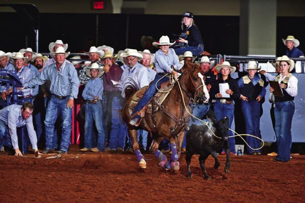 GIULIANA SCARMARDO OF CALDWELL won the 2026 world championship in girls breakaway at the National Junior High Finals Rodeo. Photo courtesy of Ashley Scarmardo