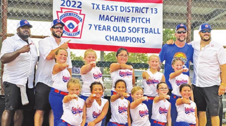 THE BURLESON COUNTY 7-YEAR-old All-Stars machine pitch softball team won the District 13 title this past weekend. The team is Carly Sheppard, Bailey Barnes, Braely Polasek, Blakely Kemper, Karlee Praesel, Jesenia Herrera, Avery Balboa, Macee Lewis, Marley Kocurek, Destinee Holliday and Sheyanne Simons. The team is coached by Robert Polasek, Nick Kemper, Adrian Sheppard and Chad Lewis.