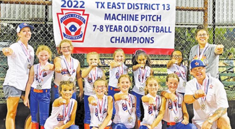 THE BURLESON COUNTY 7-8-YEAR-old All-Stars machine pitch softball team also won the District 13 title this past weekend. The team includes Madilyn Harris, Carli Cross, Nola Brinkman, Ava Teague, Nadilene Marichalar, Dixie Hamilton, Arieanna Alba-Pena, Paisley Brack, Kyndal Conway, Cambree Johnson and McKayla Collins.