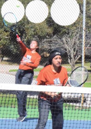 CALDWELL’S ALETZA Torres and Skylinn Johnson placed first in girls doubles at the Rockdale Tiger Classic Tennis Tournament on Friday. -- Tribune photo by Denise Hornaday