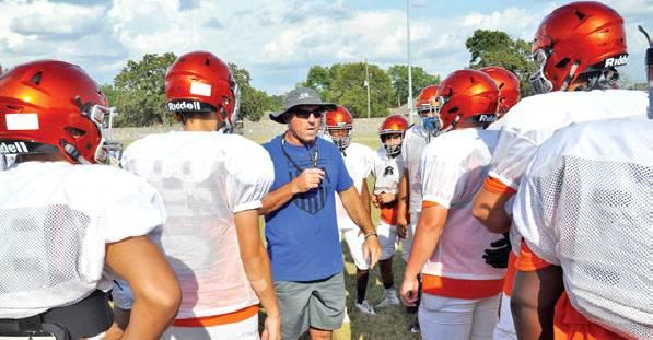 SOMERVILLE HEAD COACH Cal Neatherlin talks to his players during a recent practice session at The Rock in Somerville. Neatherlin is taking over as the Yeguas’ new head football coach for the 2019 season. -- Tribune photo by Roy Sanders