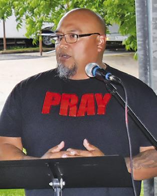 PASTOR JUAN Fraustro addresses the gathering during National Day of Prayer in Caldwell. -- Tribune photo by Roy Sanders
