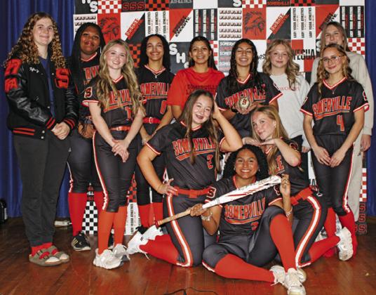 THE 2026 SOMERVILLE HIGH SCHOOL Lady Yegua softball team is, from left, standing, Kylee Neuendorff, Deianca Nix, Rhyan Ricci, Cheyenne Amos, Capri Alejandro, Alexi Alejandro, Audrey Schoenberg, Abigail Richardson (behind), Ryann DeKneef, kneeling, Hadley Howe, Aubrey Flencher and, sitting, Emma Williams.