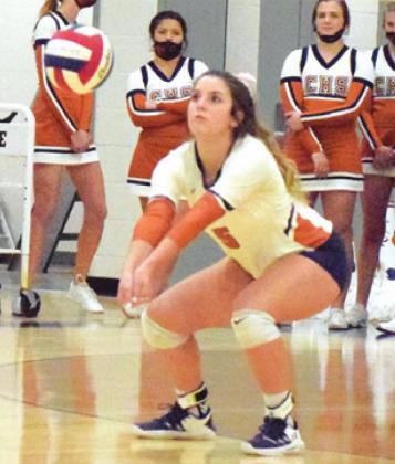 CAYLEE GARZA receives serve during the Caldwell-Florence match last Tuesday night.