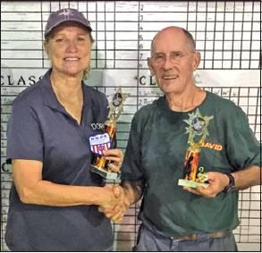 DORIS HIEDEN WON the Class A 30 title at the Kilgore Heat Beater Horseshoe Tournament on Friday. She is pictured with David Orban of Kilgore who places second.