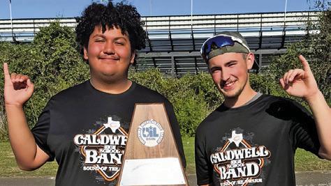THE CALDWELL HIGH SCHOOL Hornet Band earned a Division I Superior Rating at the UIL Region 18/26 Marching Contest in Giddings on Saturday. The band will compete at the Area D Marching Contest this Saturday at Hays High School in Buda. Pictured are drum majors Aaron Orona Valle and Grant Leubner.