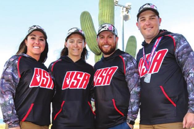 CALDWELL’S PHILLIP JUNGMAN, right, is pictured with Amber English, Austen Smith and Vincent Hancock. The group will be representing Team USA at the Tokyo Summer Olympics in Skeet Shooting.
