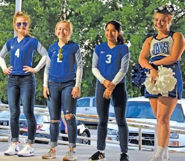 KAMREE WALKER, KYLEIGH HRUSKA, Frida Mota and Jalee Baumann represented some of the Lady Jays volleyball team during Meet the Bluejays Monday night. -- Tribune photo by Denise Hornaday
