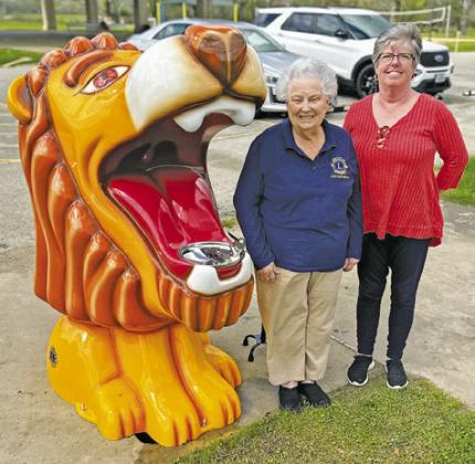 THE CALDWELL BURLESON County Lions Club donated this lion water fountain to Davidson Creek Park. The organization purchased it with funds raised from the annual Denim And Dancing event along with The Lions Foundation. It is located by the playscape. Pictured next to the fountain are Jessie Bryan and Jaque Bray.