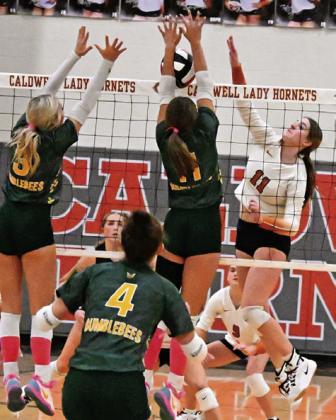 CALDWELL’S LYDIA GIESE earns one of her 15 kills on Friday afternoon against Little River Academy in Hornet Gym. Tribune photo by Denise Squier