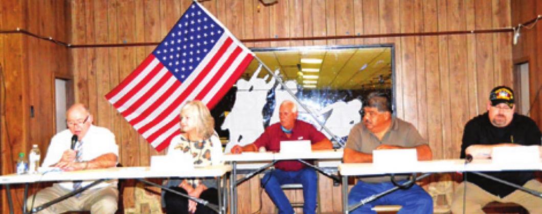 JONNIE VIC BARNETT, Janice Easter, Jim Wilde, Jessie Enrique and Jason Rhodes appear at the VFW candidate forum for the Caldwell City Council. -- Tribune photo by Roy Sanders