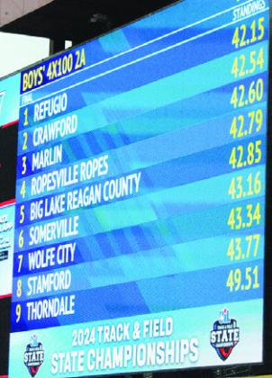 THE UIL STATE TRACK MEET scoreboard shows Somerville finishing sixth in the boys 4x100-meter relay for Class 2A.