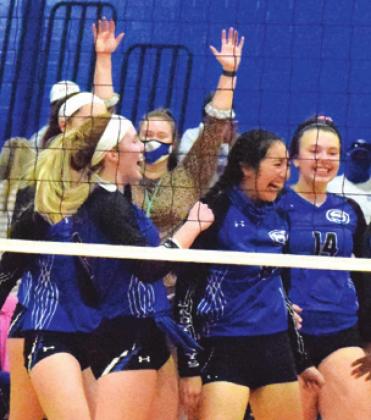 THE LADY JAYS CELEBRATE after beating Burton last Tuesday night at home. Snook beat Burton twice this season and is in the driver’s seat to be the top seed from District 26-2A in the Class 2A playoffs.