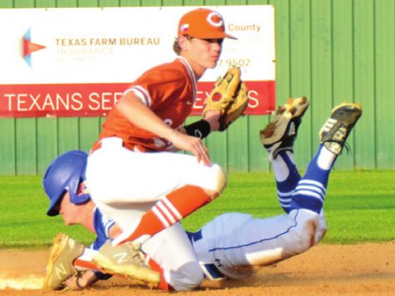 CALDWELL’S RYAN SHUPAK tags this Lampasas runner at second base. The Hornets lost 7-1 on March 10 but later won the Franklin Tourament. -- Tribune photo by Roy Sanders