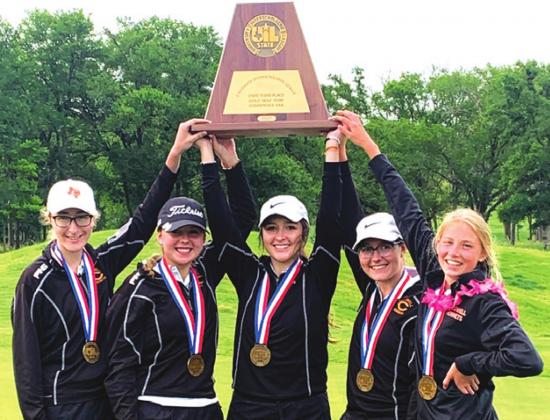THE LADY HORNET GOLF TEAM FINISHED third in the state in Class 3A at the UIL Girls State Golf Tournament last week at ShadowGlen Golf Club in Manor. Pictured, from left, are Alexis Zalobny, Rachel Novosad, Priscilla Olivarez, Hannah Blaha and Maegan Schneider.