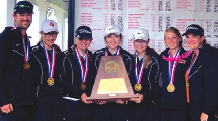 THE LADY HORNET GOLF TEAM FINISHED third in the state in Class 3A at the UIL Girls State Golf Tournament last week at Shadow-Glen Golf Club in Manor. Pictured, from left, are Coach Justin Hale, Alexis Zalobny, Rachel Novosad, Priscilla Olivarez, Hannah Blaha, Maegan Schneider and Coach Stephanie Ferguson.
