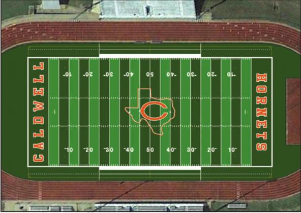 HORNET STADIUM WILL HAVE a new look in the fall. The Caldwell School Board approved a $1.16 million contract with Hellas Construction Inc. of Austin for a turf field. Pictured is a rendering of the field.