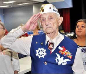 HORACE HAMILTON, BURLESON County’s Pearl Harbor survivor, salutes during Monday’s Veterans Day ceremony.