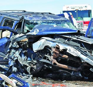 THIS VEHICLE WAS damaged on Friday afternoon, Sept. 25, in a major accident on State Highway 21 West near Caldwell. No information on the accident was available at press time. Tribune photo by Roy Sanders