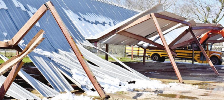 THE BUS BARN AREA at Caldwell ISD is damaged after last week’s winter storm.