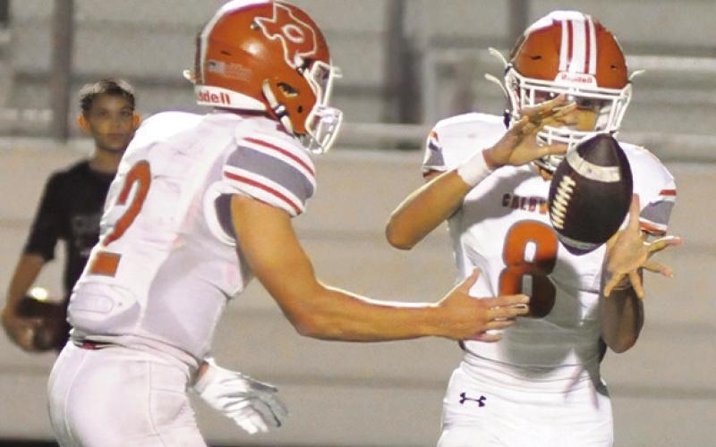 DYLAN CARTER takes the ball from Blane Garza in last Friday’s Smithville game.