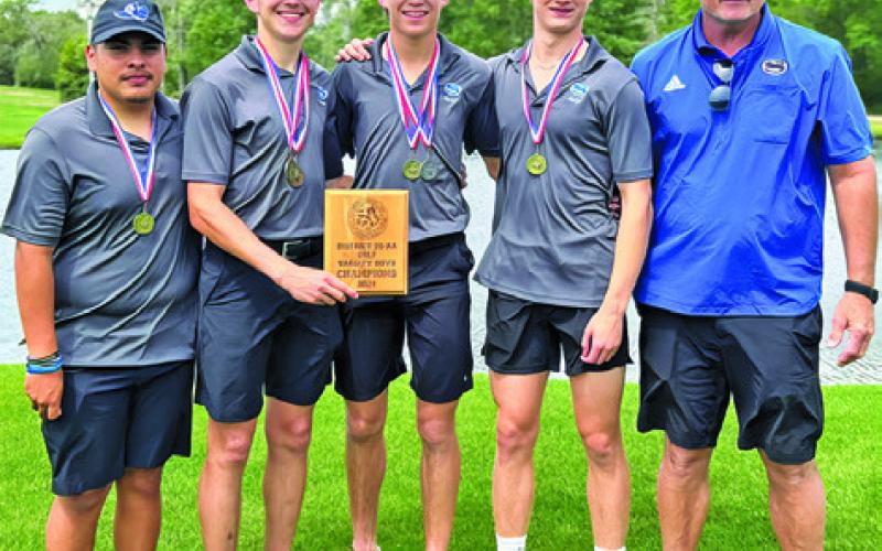 SNOOK GOLF TEAM members include, from left, Jacob Castaneda, J. Beaux Hruska, Brett Withem, Silas Hetland and Head Coach John Conway. The Bluejays won their third straight golf title.