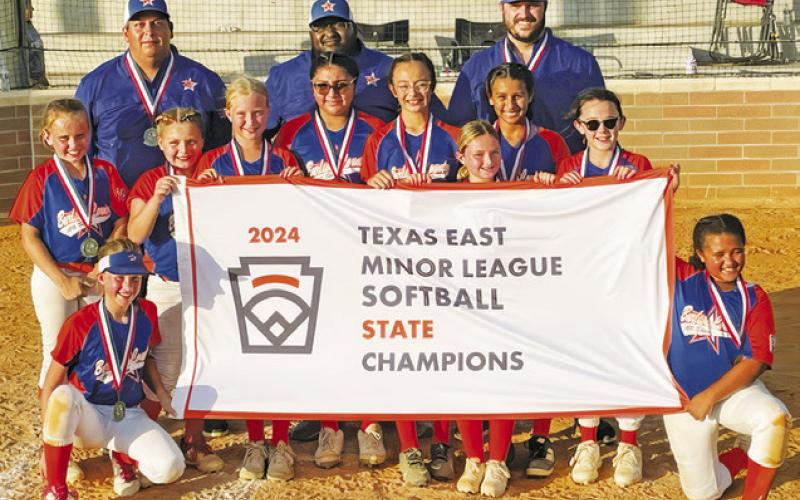THE BURLESON COUNTY LITTLE LEAGUE Minor All-Star Softball Team won the Texas East State Tournament title last week in El Campo. Pictured are Bailey Barnes, Paisley Brack, Mckayla Collins, Jesenia Herrera, Macee Lewis, Zoey Gausin, Braely Polasek, Carly Sheppard, Olivia Zamora and Caegan Kouatli. The team is coached by Adrian Sheppard, Haley Balboa and Flo Ortega. Not pictured are Avery Balboa and Karlee Praesel.