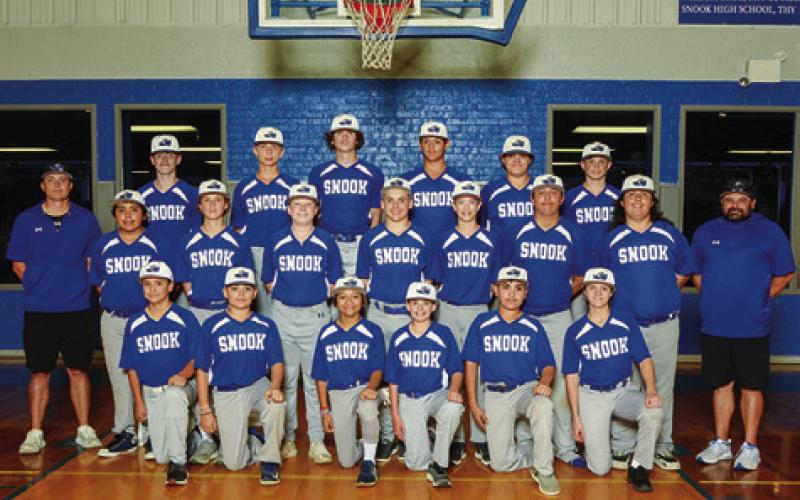 THE 2024 SNOOK BLUEJAY JUNIOR high baseball team is, from left, back Coach Lemoine, Brent Turner, Barrett Dudensing, Brayden Macik, Kyle Gonzalez, Robert Nugent, Levi Garza, middle, Sebastian Arrendondo, Barrett Warren, Teagan Groce, Brandon Horn, Blake Bimmerle, Ashton Benn, Jude Haecker, front, Jesus Zacarias-Martinez, Carlos Montalvo, Josue Arias, Brody Prihoda, Efrain Carmona and Anthony Prince.