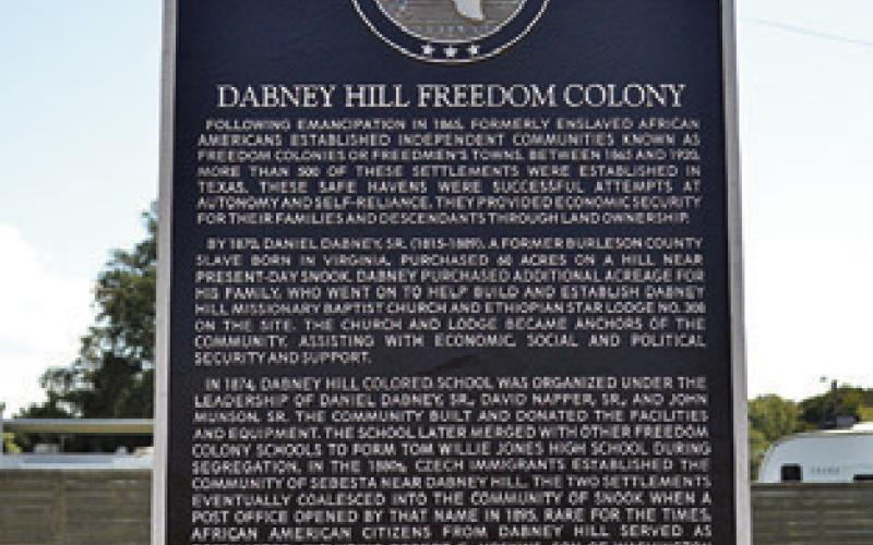 THIS TEXAS HISTORICAL Commission marker on County Road 267 recognizes the Dabney Hill community and the lodge for its historical significance. Tribune photo by Sabine Lazo